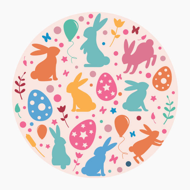 色とりどり��のウサギとイースターエッグとサークルイースターのテーマの背景 - floral pattern butterfly easter easter egg点のイラスト素材／クリップアート素材／マンガ素材／アイコン素材