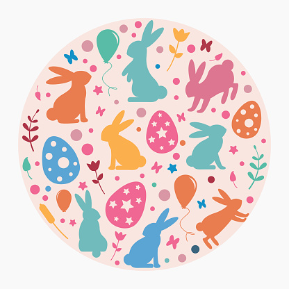 Circle Easter theme vector background with colourful easter bunnies, easter eggs, flowers and butterflies