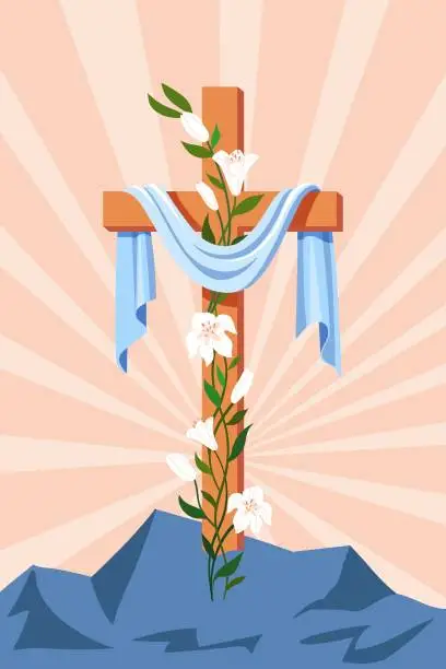 Vector illustration of Cross of Jesus Christ, lily flowers against the background of the mountain. 