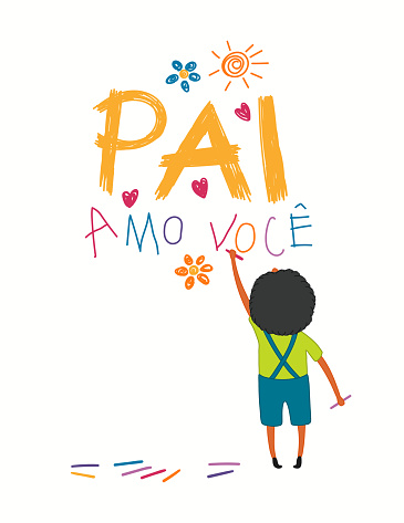 Card, banner design with cute cartoon boy, drawing with crayons, hearts, Portuguese text Pai amo voce, I love you Dad. Isolated on white. Hand drawn vector illustration. Concept for Fathers Day print.