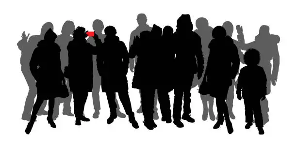 Vector illustration of Vector 15 full-length silhouettes of people of different genders and ages. A group of people in winter wearing warm clothes. The girl waves her hand, the tourist group stands in 2 rows