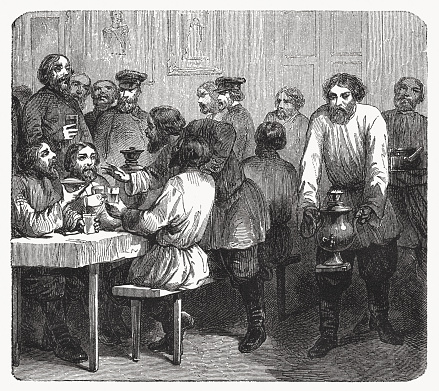 Historical view of a Russian tea tavern. Nostalgic scene from the past. Wood engraving, published in 1869.