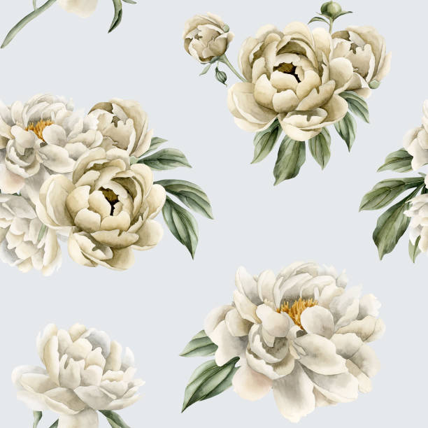istock Floral watercolor seamless pattern with white and beige peony flowers, buds and green leaves on light blue background 1972923400