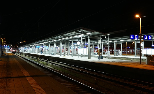 Trains waiting at the illuminated platforms of a big station