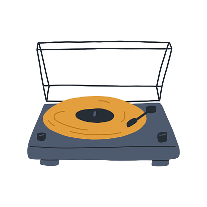Hand drawn turntable, cartoon flat vector illustration isolated on white background. Vinyl music player in cute style. Old vintage equipment.