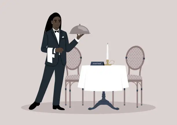 Vector illustration of A refined waiter, donned in a sleek black tuxedo with a napkin draped over their hand, gracefully serves a dish covered with a metal cloche