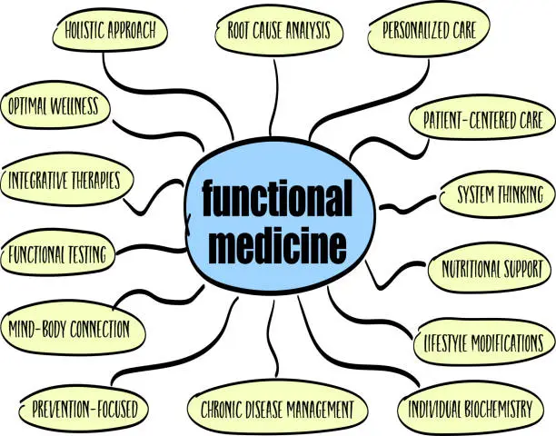 Vector illustration of functional medicine infographics or mind map sketch, holistic health care concept