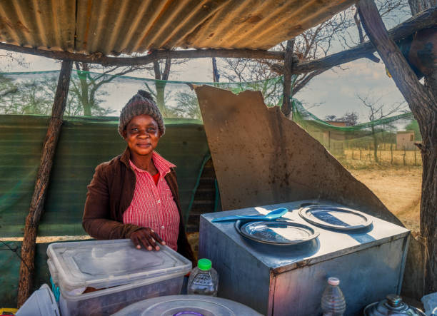 portrait of happy village woman , street vendor selling fat cakes ,botswana rural area