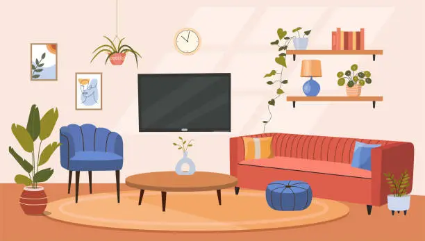 Vector illustration of Living room interior. Comfortable sofa, chair, TV and house plants. Vector flat cartoon illustration