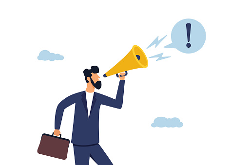 Confidence businessman talking on megaphone with exclamation attention. Attention announcement, loudspeaker or exclamation point loud voice concept.
