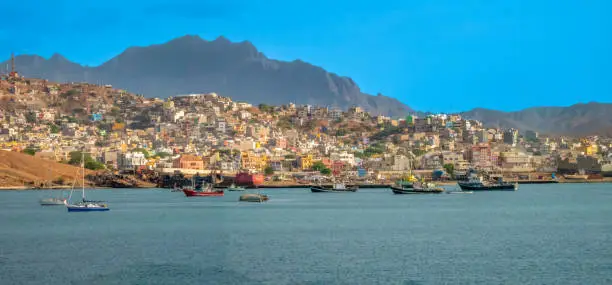 Panoramic view of the sea front of the city of Mindelo, SÃ£o Vivente Island, Cape Verde Islands (Cabo Verde)