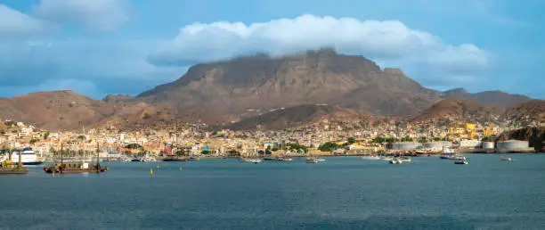 Panoramic view of the sea front of the city of Mindelo, SÃ£o Vivente Island, Cape Verde Islands (Cabo Verde)