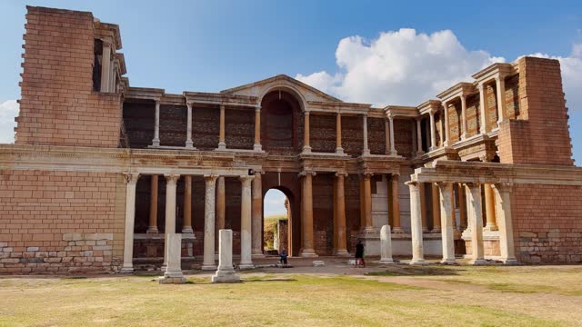 Sardis was an ancient city best known as the capital of the Lydian Empire - Sart - Manisa Province - Turkey - Region - Lydia - The Greek gymnasium of Sardis - Remains of Byzantine shops and the Gymnasium - The gymnasium complex of Sardis stock video