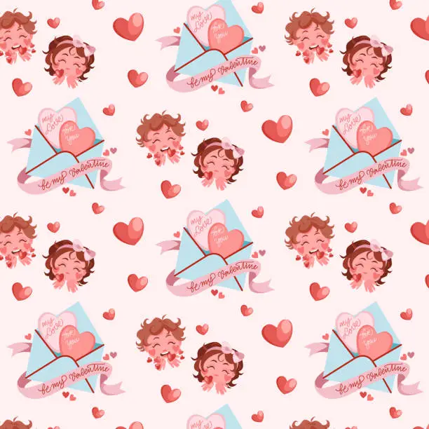 Vector illustration of Valentines seamless pattern with cute cupid vector