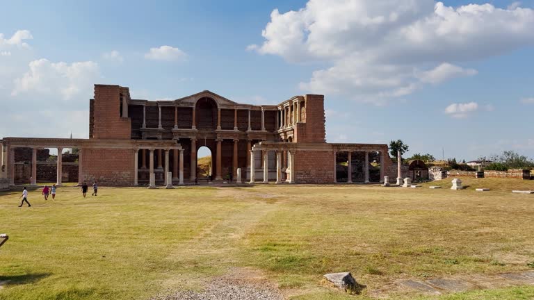 Sardis was an ancient city best known as the capital of the Lydian Empire - Sart - Manisa Province - Turkey - Region - Lydia - The Greek gymnasium of Sardis - Remains of Byzantine shops and the Gymnasium - The gymnasium complex of Sardis stock video