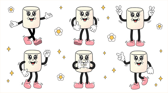 Marshmallow characters in trendy retro cartoon style. Set of marshmallow characters in groovy retro style. Funny vector mascot. Vector illustration isolated on white background. 1970s hippy character.