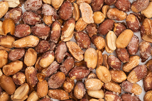 Oven baked salted peanuts in red skin, closeup studio shot