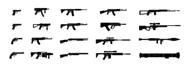 Vector illustration of Various modern weapons. Military weapons silhouettes. Tactical assault rifles, smoothbore guns, AK 47, sniper rifles, anti-tank grenade launchers.