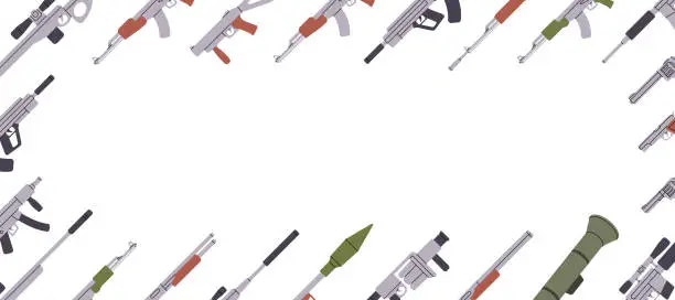 Vector illustration of Military weapons in horizontal banner. Grenade launcher, assault rifle AK 47, tactical assault rifles. Vector illustration.