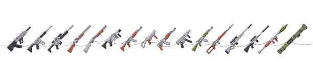 Vector illustration of Weapons one line colored continuous drawing. Tactical assault rifles, smoothbore guns, AK 47, sniper rifles, anti-tank grenade launchers