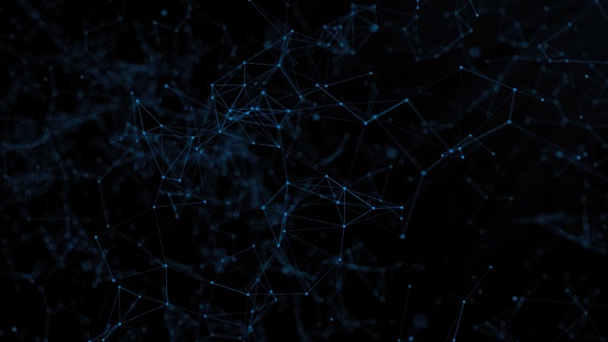 Internet of things connection science effect. Blue digital network plexus blockchain technology connecting dot abstract on black  background