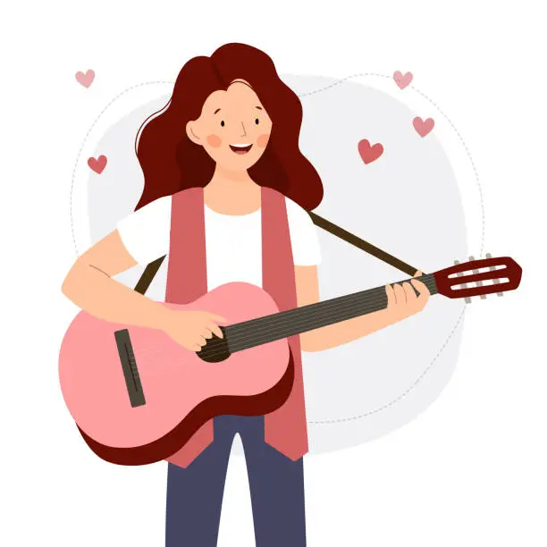 Vector illustration of The girl plays the guitar and sings about love. A woman musician stands with a guitar. Valentine Day.