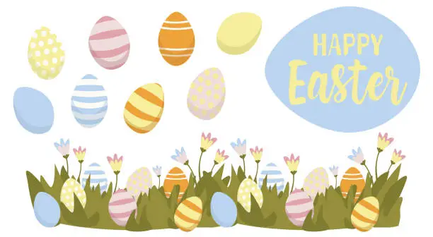 Vector illustration of A Group of Colorful Easter Eggs in the Green Grass