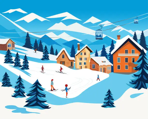 Vector illustration of Ski resort in the mountains, with ski lifts, houses, hotels. People skiing.