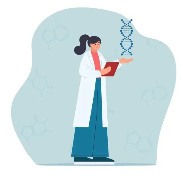 Vector illustration of Female scientist holds DNA spiral in the hand