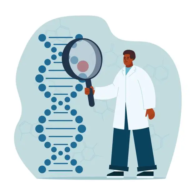 Vector illustration of Scientist studying dna helix through a magnifying glass