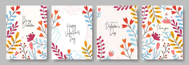 Vector illustration of Happy Valentine's Day greeting cards. Creative art templates with abstract and floral elements. Perfect for poster, invitation, flyer, banner, social media, mobile apps. Vector modern backgrounds.