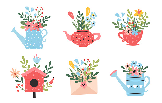 Spring set of hand drawn elements. Floral decorations. Bouquets of flowers in a watering can, cup, teapot. Spring holidays. Women's Day, Easter, Mother's Day. Perfect for card, poster, flower shop.