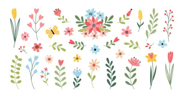 Vector illustration of Set of flowers and floral elements. Wedding concept with flowers. Floral poster, invite. Vector cartoon illustration for greeting card or invitation design.