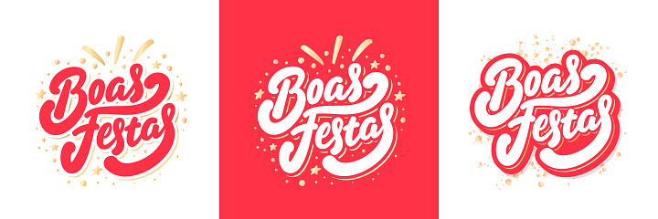 Boas Festas. Happy holidays in Portugues. Vector handwritten letterings. Vector illustration.