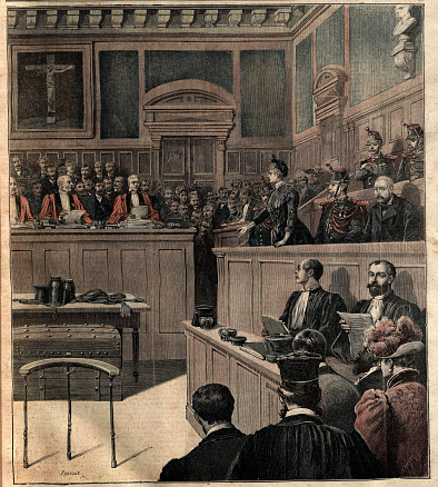 Vintage illustration Witness giving evidence in a French court, during the Gouffé Case, 1890s, 19th Century