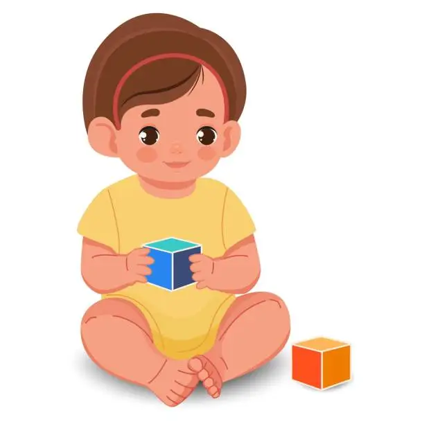 Vector illustration of Little girl with a cube.
