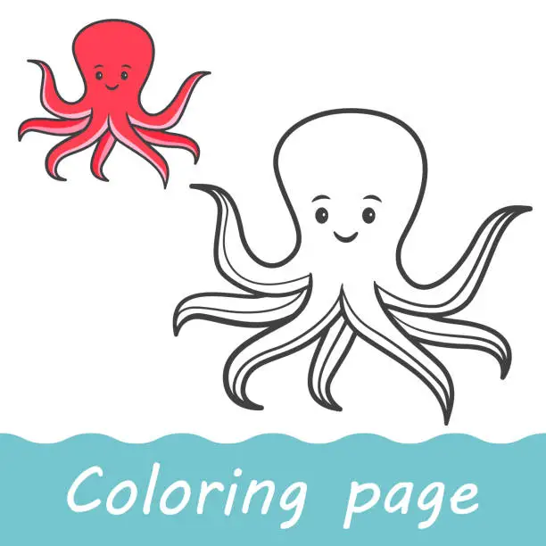 Vector illustration of Smiling octopus.Sea creatures .Sea life.Cute octopus cartoon.Aquatic fauna.