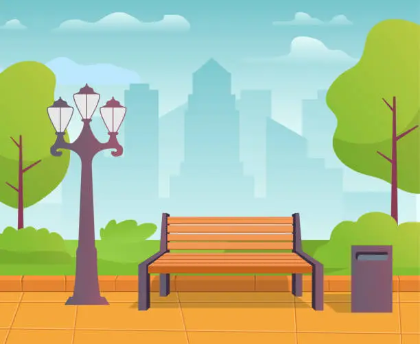 Vector illustration of City park with benches summer.Urban garden with street lamps. Summer city park panorama.