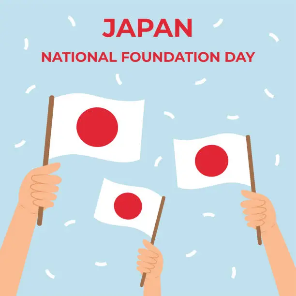 Vector illustration of Japan National Foundation Day banner. Template with hands holding Japanese flags. Square shape for social networks.