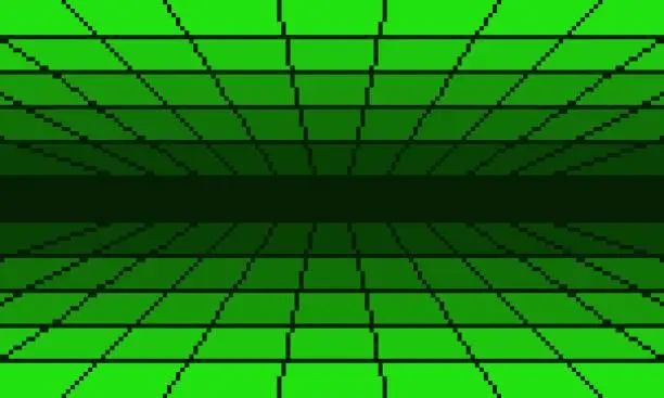 Vector illustration of Pixel green cyber perspective grid retro background