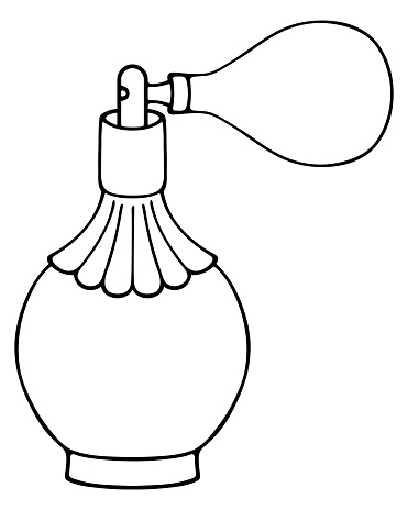 Bottle with perfume. Pear-shaped spray bottle. Sketch. A pot-bellied glass bottle with fragrant eau de toilette. Vector illustration. Doodle style. An old-fashioned container with aromatic liquid. Outline on isolated background. Coloring book for children. Idea for web design.