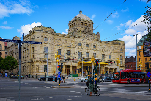 Stockholm, Sweden - July 15, 2023: Royal Dramatic Theatre at Nybroplan square. Scandinavian architecture. The sights of Stockholm in the summer
