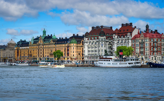Stockholm, Sweden - July 15, 2023: Beautiful architecture in the centre of Stockholm. Bright facades of buildings. Scandinavian architecture. Cityscape of Stockholm.
