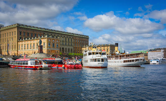 Stockholm, Sweden - July 15, 2023: View of Royal palace in Stockholm. Capital of Sweden with beautiful old buildings and architecture