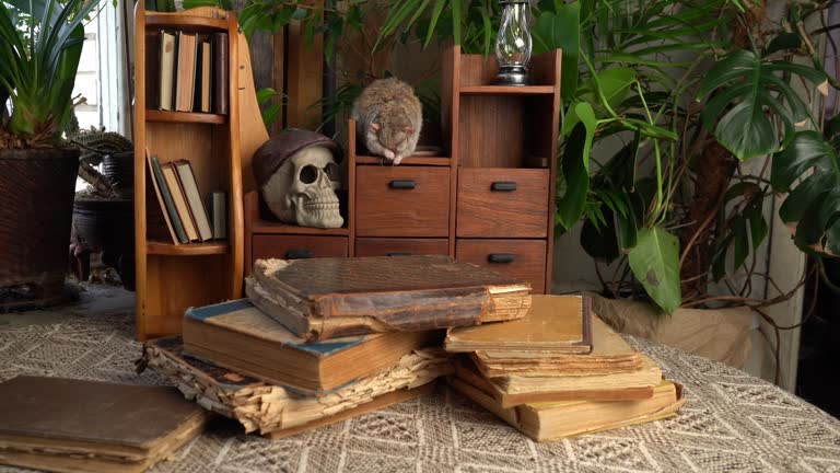 Gray rat, old books, skull.