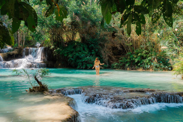 istock Woman in swimsuit  enjoys refreshing  waterfall in tropical forest 1973194111