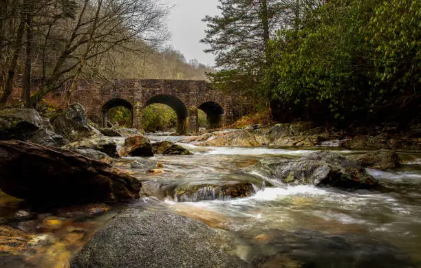 Triple Arch Bridge crosses the Pigeon River in the Pisgah National Forest near Canton, NC