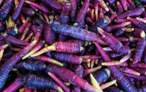 autumn red carrot harvest. carrot texture background. - carotin stock-fotos und bilder