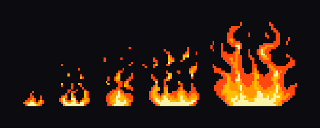 Stages of pixel fire ignition. Gaming pixel fire, explosion, flames. Steps of pixel flame ignition.