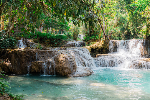 Scenic view of refreshing  Kuang Si waterfall in the jungles